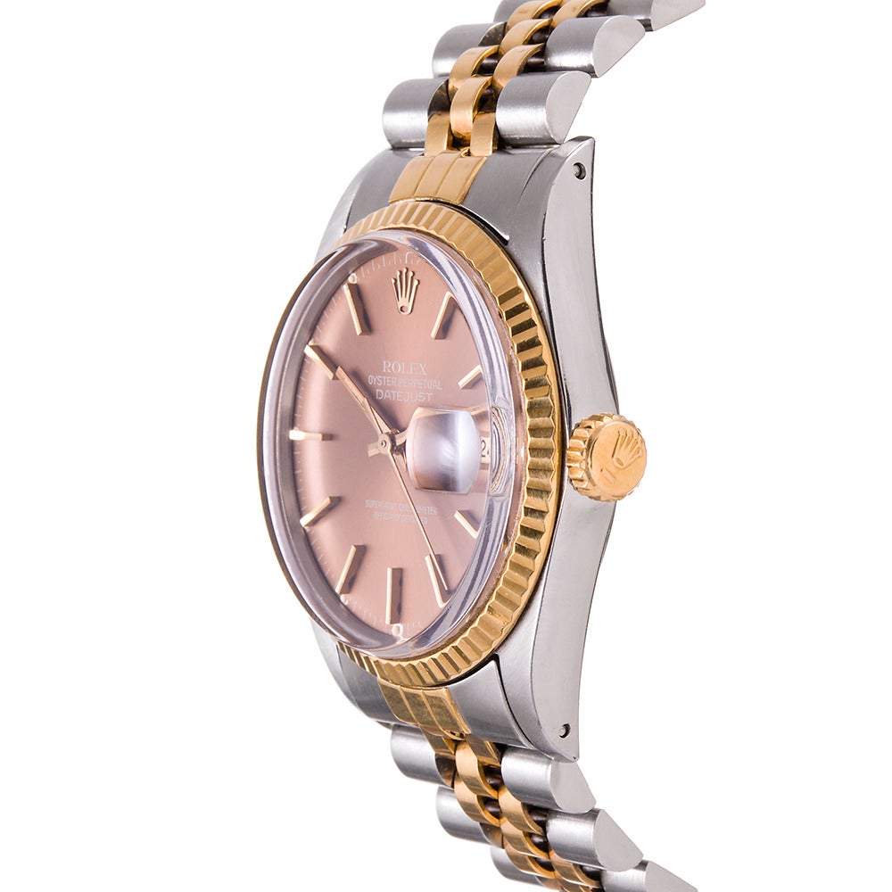 Offered in mint vintage condition, this stainless steel and 18k yellow gold quickset Datejust, Ref. 16038, offers a distinctive variation of one of the most classic watch. So-called “tropical” dials are ever-increasing in popularity. Make this one