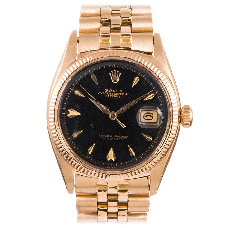 Rolex Yellow Gold Datejust Wristwatch with Rare Black Gilt Dial circa 1950s