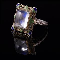 Blue Flash Moonstone & Enamel Filigree Ring