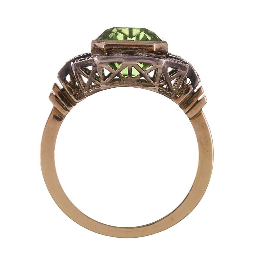 Round Cut 6.53 Carat Peridot Diamond Silver Gold Plaque Ring