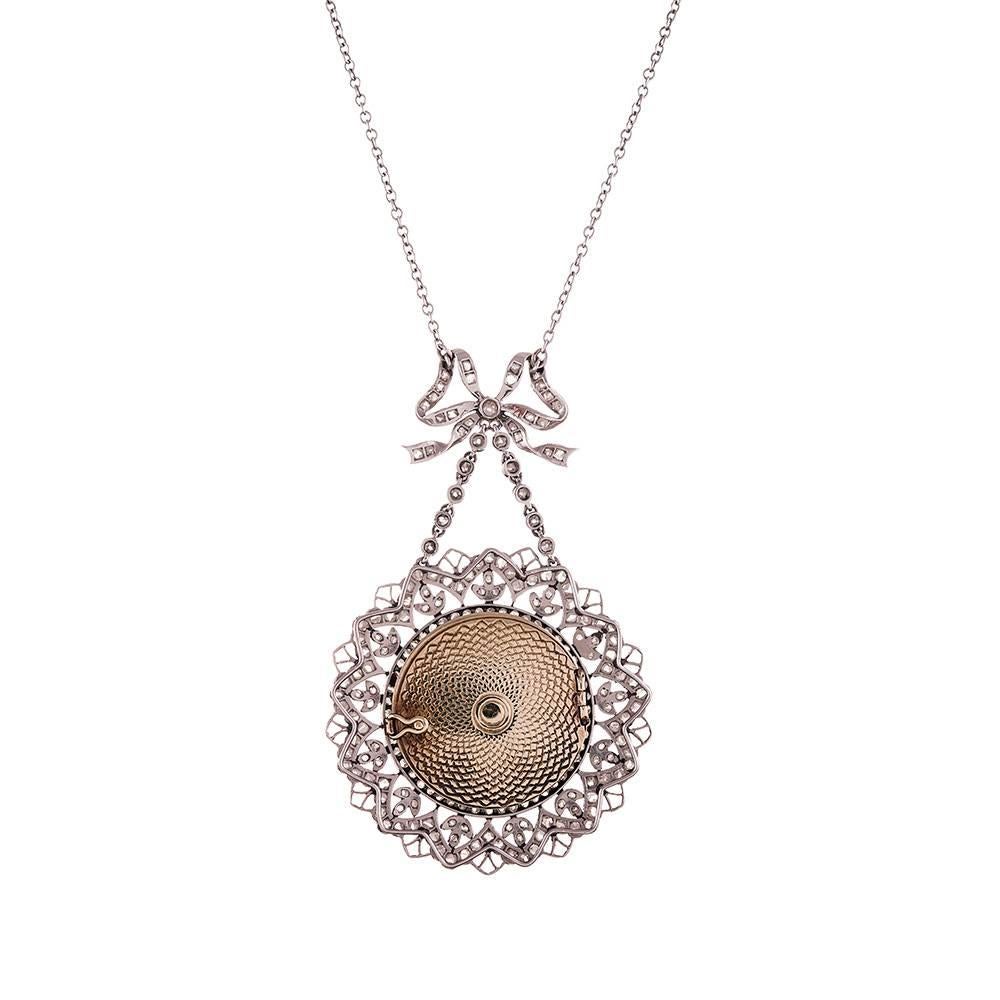 Edwardian Guilloche Enamel Diamond gold Pendant Locket In Excellent Condition In Carmel-by-the-Sea, CA