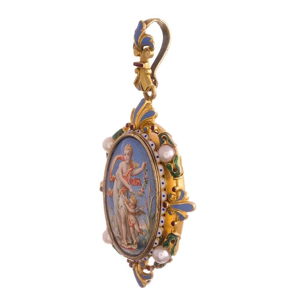 Victorian Enamel Pearl Gold Locket Pendant In Excellent Condition In Carmel-by-the-Sea, CA