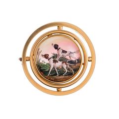 Victorian Hunting Dogs Reverse Painted Crystal gold Brooch 10