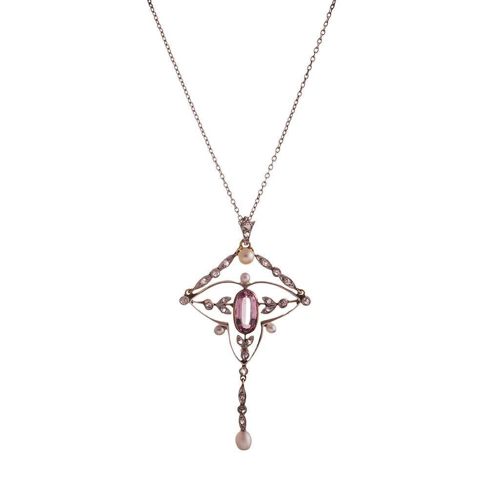 Edwardian Pink Topaz Pearl Diamond Gold Platinum Necklace