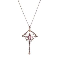 Antique Edwardian Pink Topaz Pearl Diamond Gold Platinum Necklace