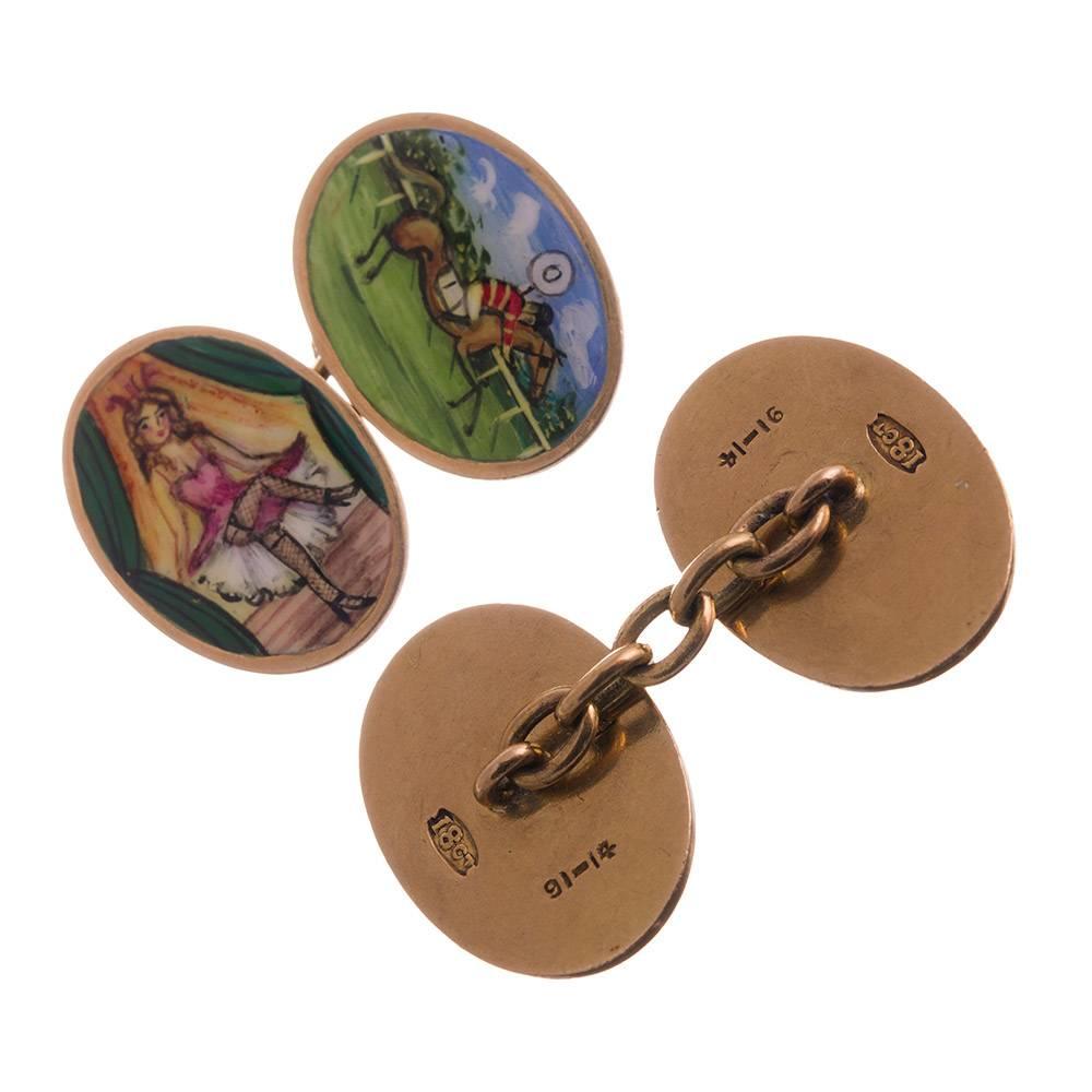Charming antique cufflinks made of 18k yellow gold and offered in their original antique presentation box. Each oval disc measures .75 inches long and depicts one of four “vices”: horse racing, playing cards, alcohol and ladies. While the cufflinks