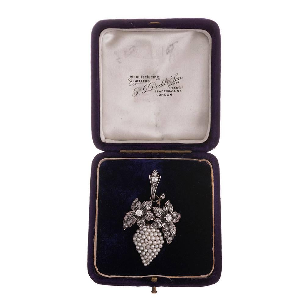 Victorian Seed Pearl Diamond Silver Gold Grapes Motif Pendant In Excellent Condition In Carmel-by-the-Sea, CA