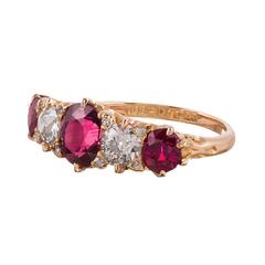 Victorian English Carved Ruby Diamond Five Stone Ring