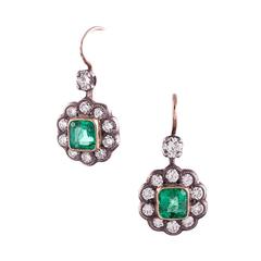 Antique Style Emerald Diamond Flower Cluster Drop Earrings