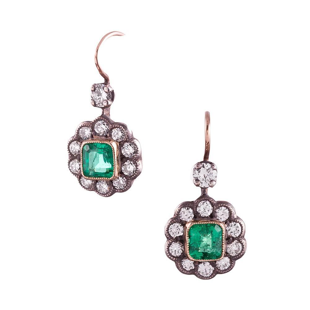 Antique Style Emerald Diamond Flower Cluster Drop Earrings at 1stdibs