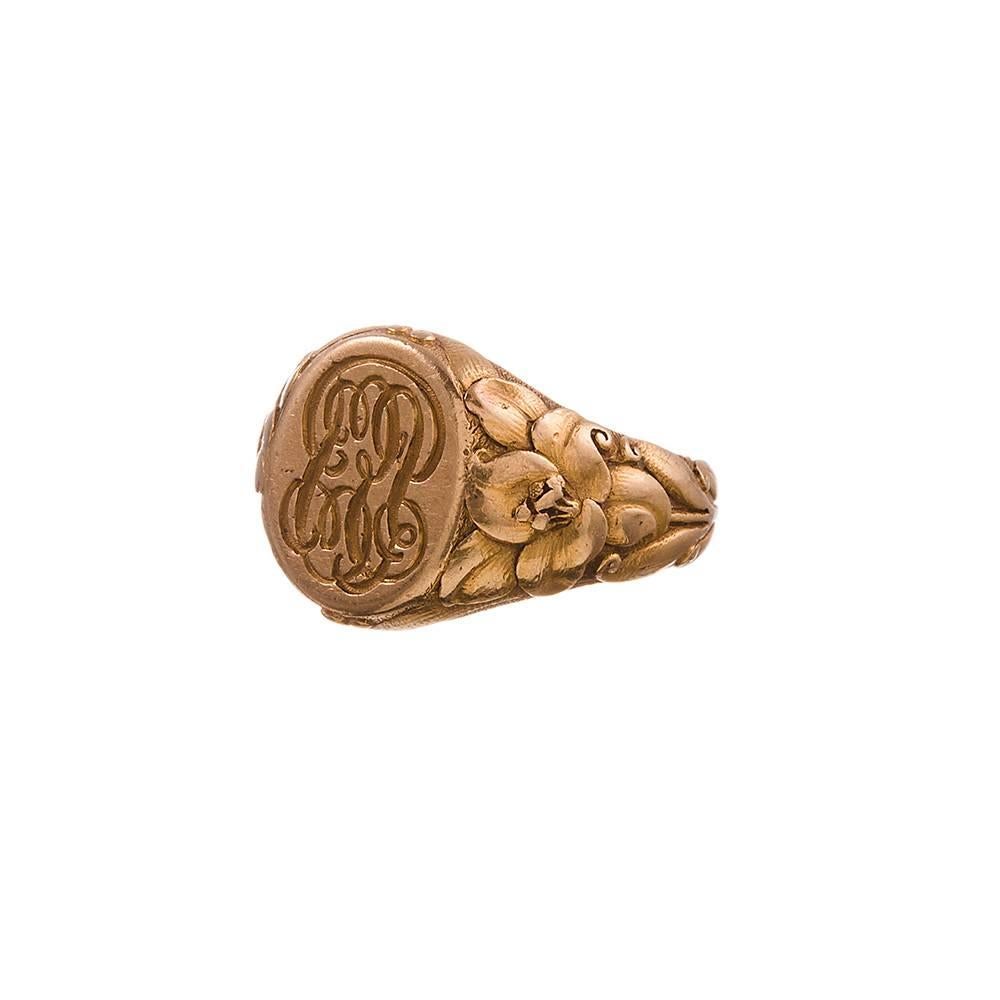 18k yellow gold signet ring, ideal for Tiffany collectors or ladies with tiny fingers! The art nouveau design is still very crisp- a marvel, considering the ring is over a century old! Size 2.5 can be only very modestly resized on request. 