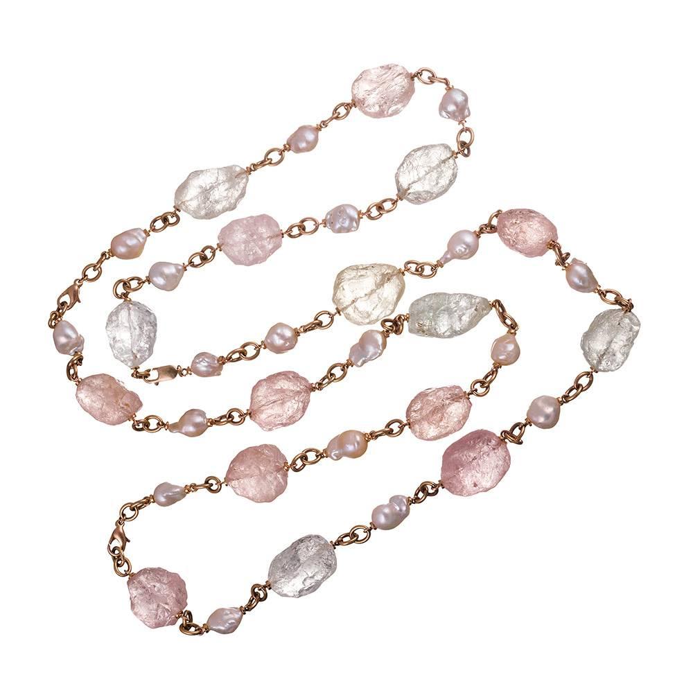 A striking size made subtle by the soft, muted colors and organic charm of the pearls. 55 inches of overall length is long, so this necklace has been fitted with three separate clasps, so it can be broken up, layered and even wrapped around your