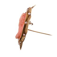 Carved Coral seed pearls gold Portrait Cameo