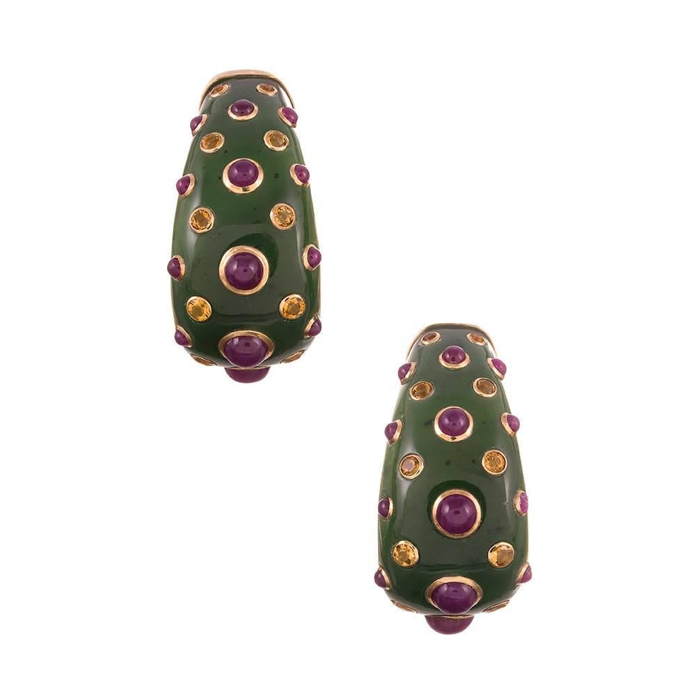 Trianon Jade Citrine Ruby Gold Cuff and Earrings Suite  2