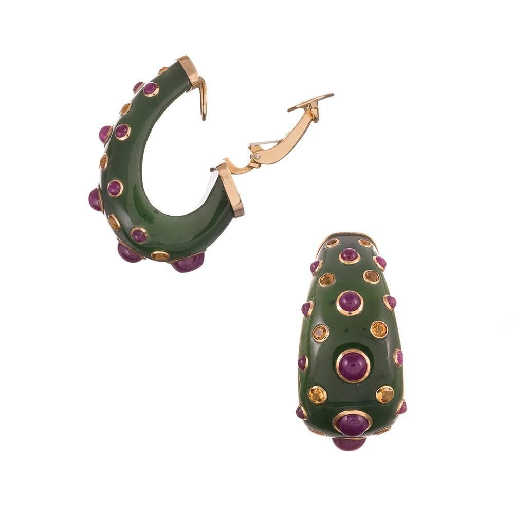 Trianon Jade Citrine Ruby Gold Cuff and Earrings Suite  3