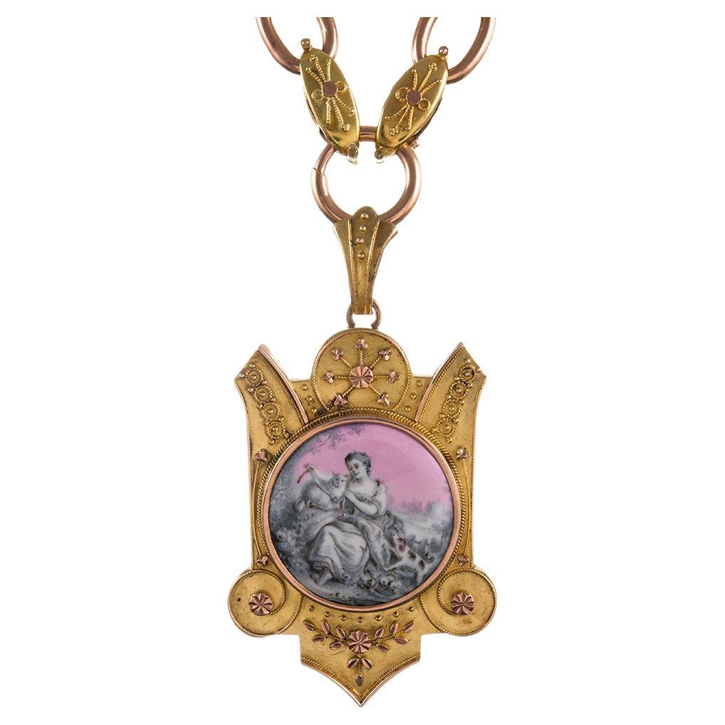 English Victorian “Lover of Animals” Two Color Gold Miniature Picture Locket