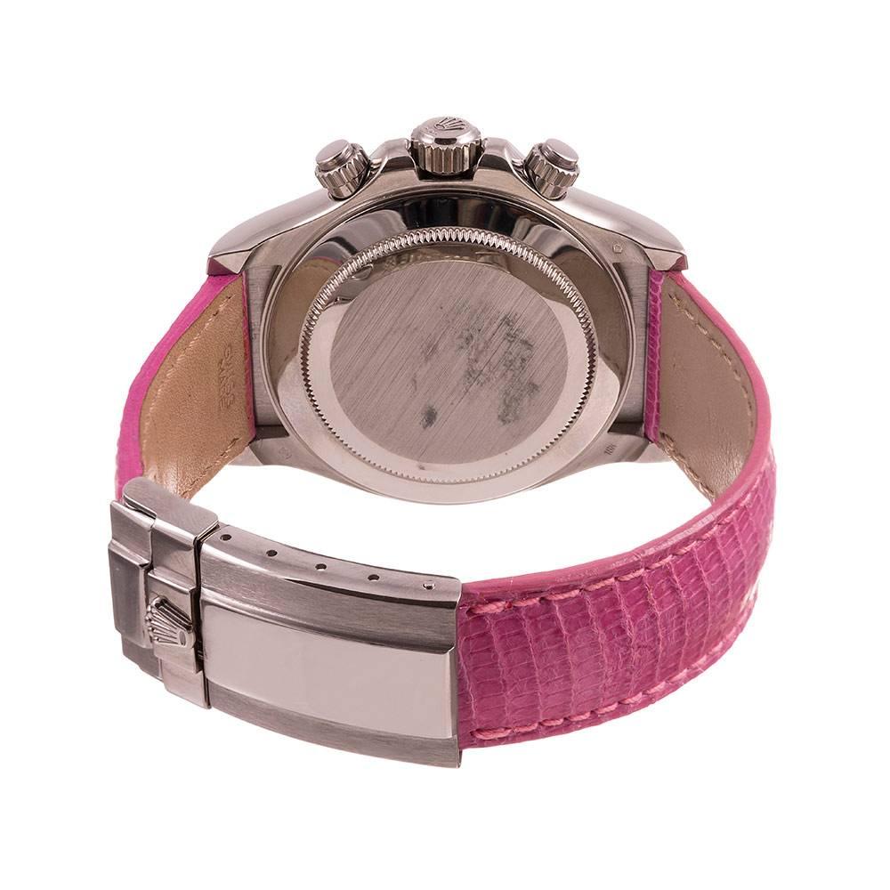 The most popular color from Rolex’s now discontinued “Beach Series” Daytona collection, the pink mother of pearl Daytona in white gold is a modern watch with a legitimate collectable nature. The dial color is enhanced by the intense pink strap, but