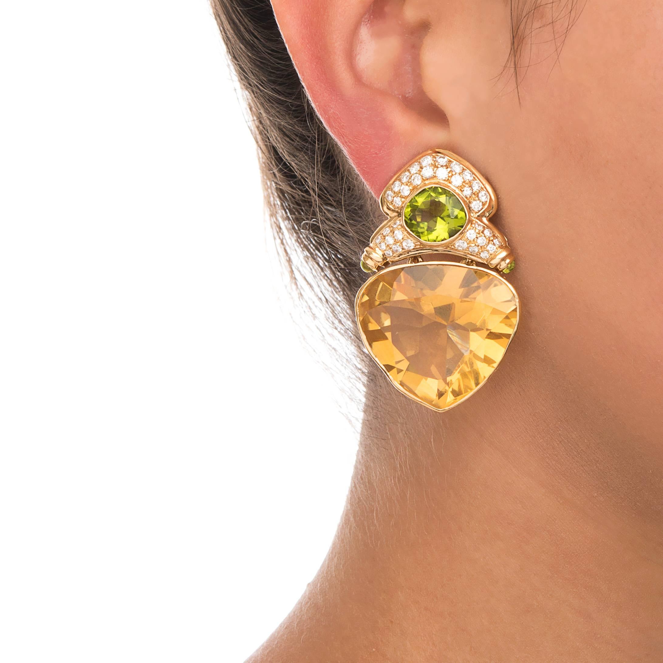 Extra Large 1980s Citrine Peridot Diamond Ear Clips In Excellent Condition In Carmel-by-the-Sea, CA