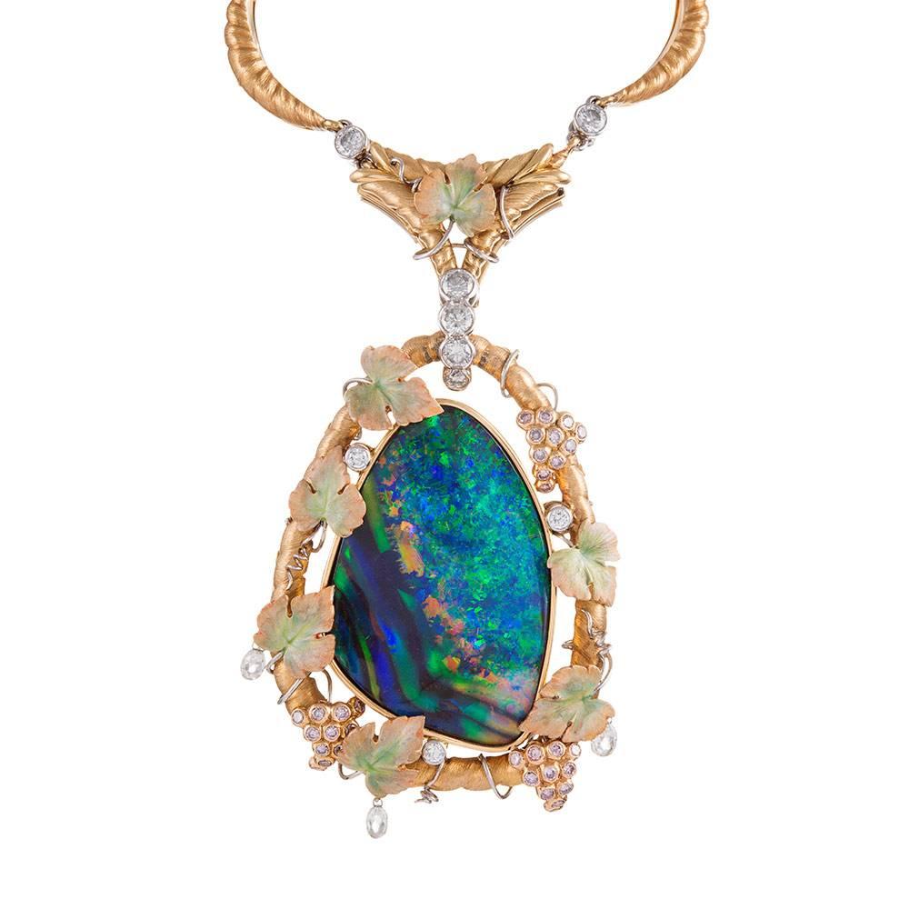 Fourtane Black Opal Pink and White Diamond Gold Necklace  In New Condition In Carmel-by-the-Sea, CA