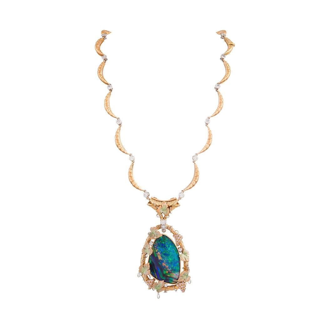 Fourtane Black Opal Pink and White Diamond Gold Necklace 