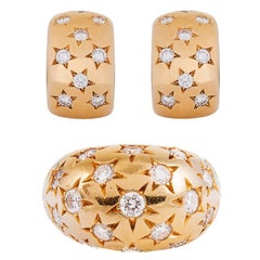 Cartier Diamond Gold Star Dome Ring and Hoop Earrings Suite