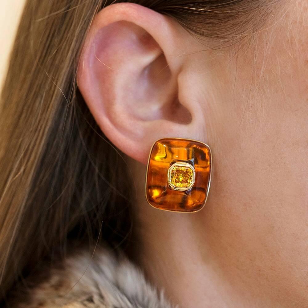 Women's 2.80 Carat Cultured Fancy Vivid Orange Yellow Diamonds in Custom Amber Earrings