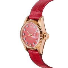 Rolex Ladies Yellow Gold Datejust Red Diamond Stella Dial Wristwatch