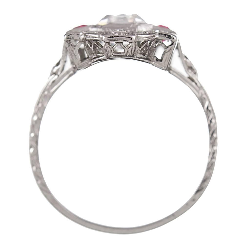 Women's Art Deco 1.05 Carat Asscher Diamond Ruby Platinum Plaque Ring