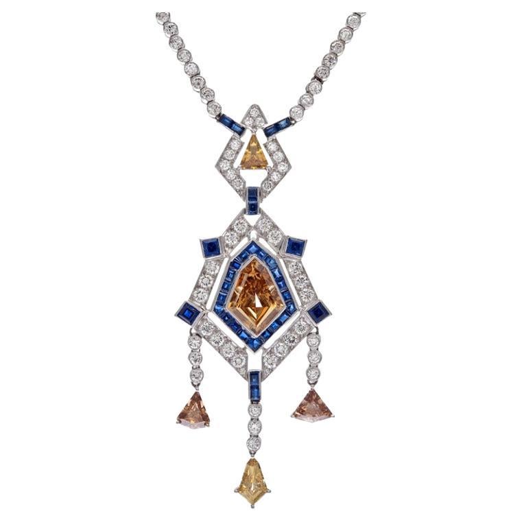 Halskette aus Platin mit Saphir und Champagner-Diamant im Art déco-Stil