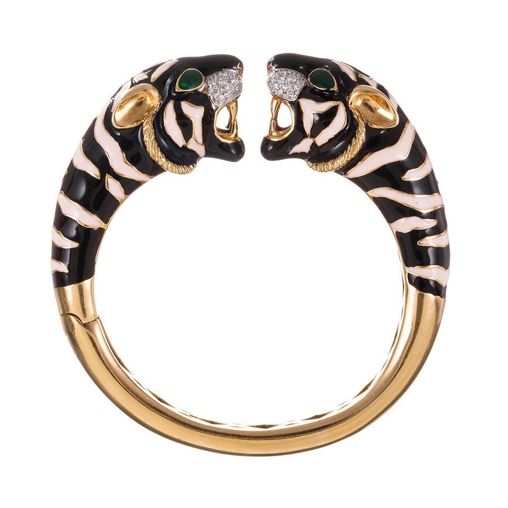 1970s Enamel Diamond Gold Tiger Cuff Bracelet In Excellent Condition In Carmel-by-the-Sea, CA