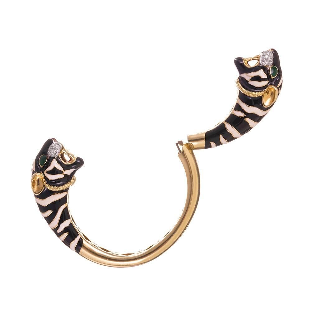 Women's 1970s Enamel Diamond Gold Tiger Cuff Bracelet