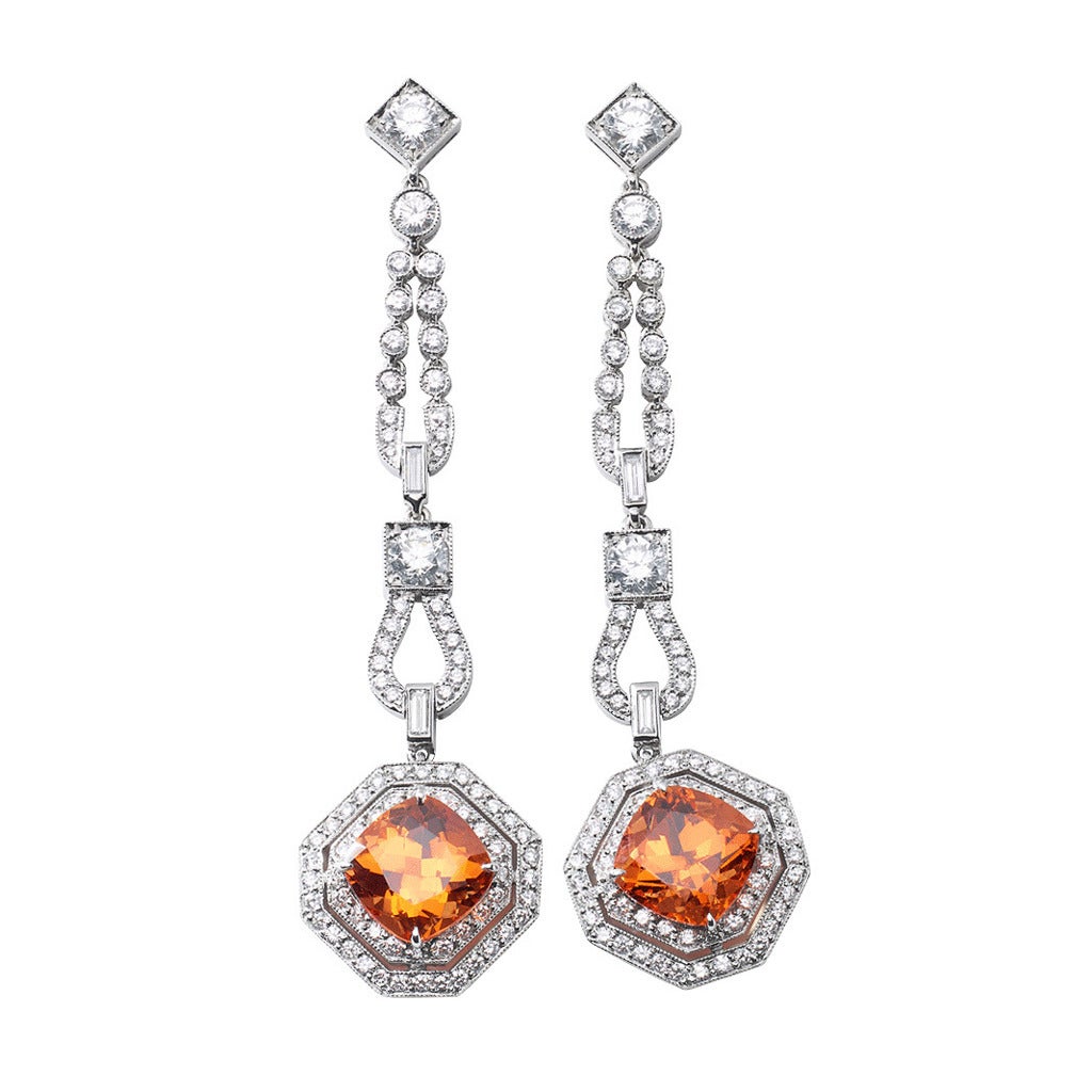 Stunning Mandarin Garnet Diamond Platinum Drop Earrings