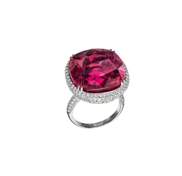 Rare Rubellite Diamond White Gold Ring