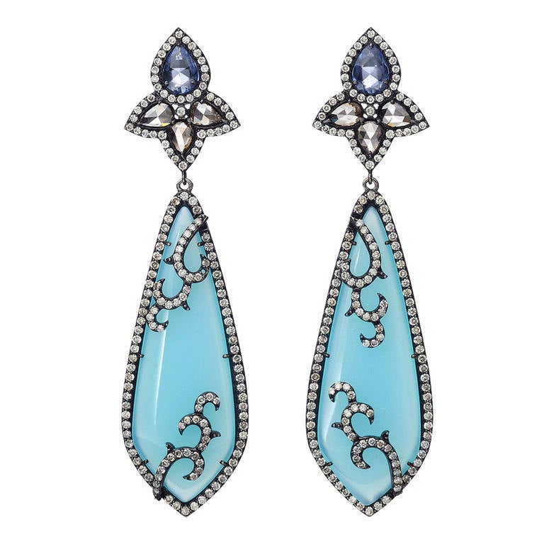 Stunning Blue Agate White Sapphire Earrings