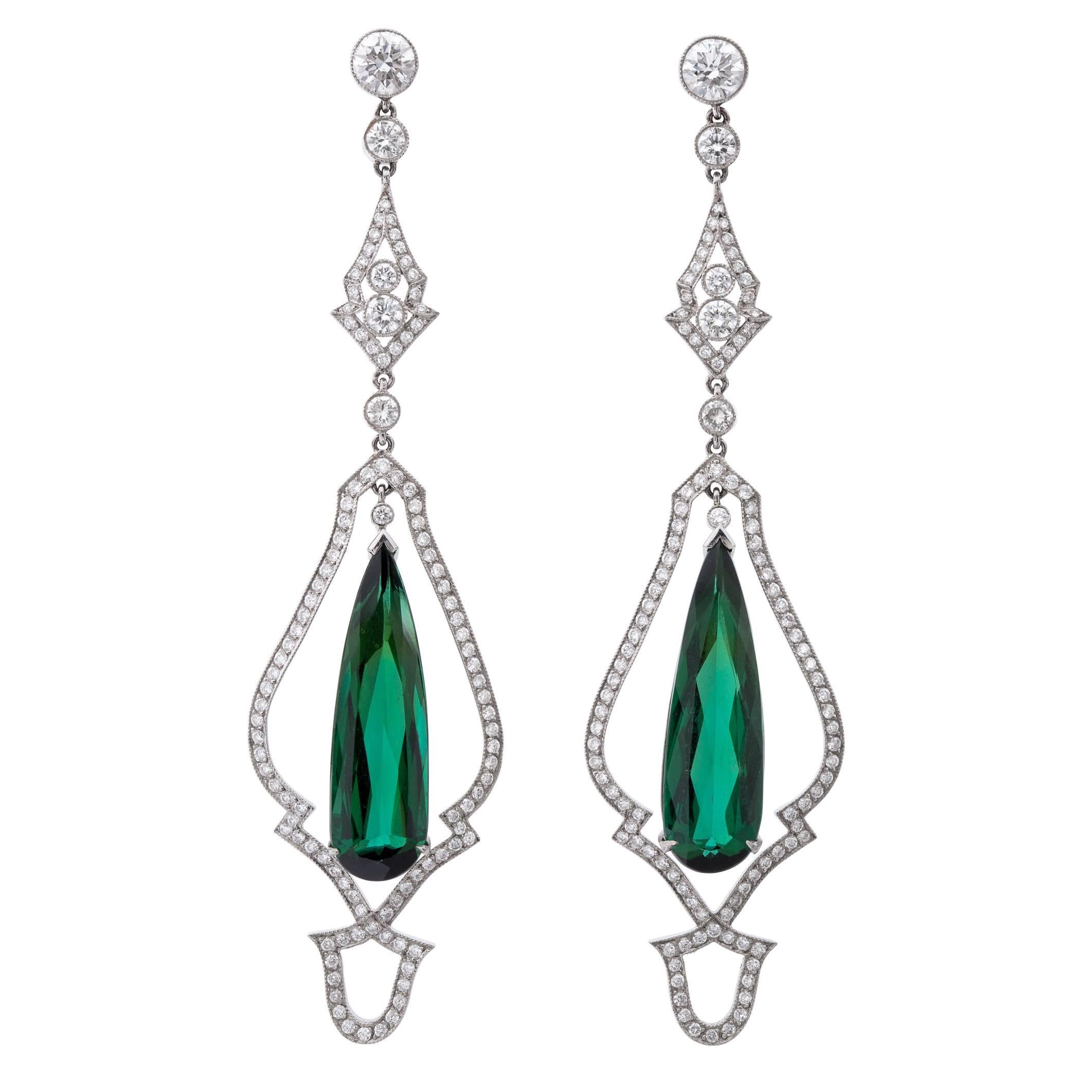 Stunning Green Tourmaline and Diamond Platinum Drop Earrings-Retail 28, 500 For Sale