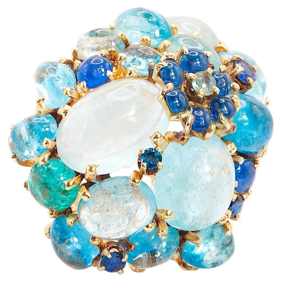 Bague cocktail en or jaune 14 carats, saphir et aigue-marine