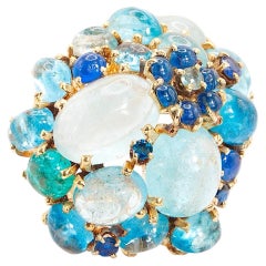 14k Yellow Gold Sapphire And Aquamarine Cocktail Ring