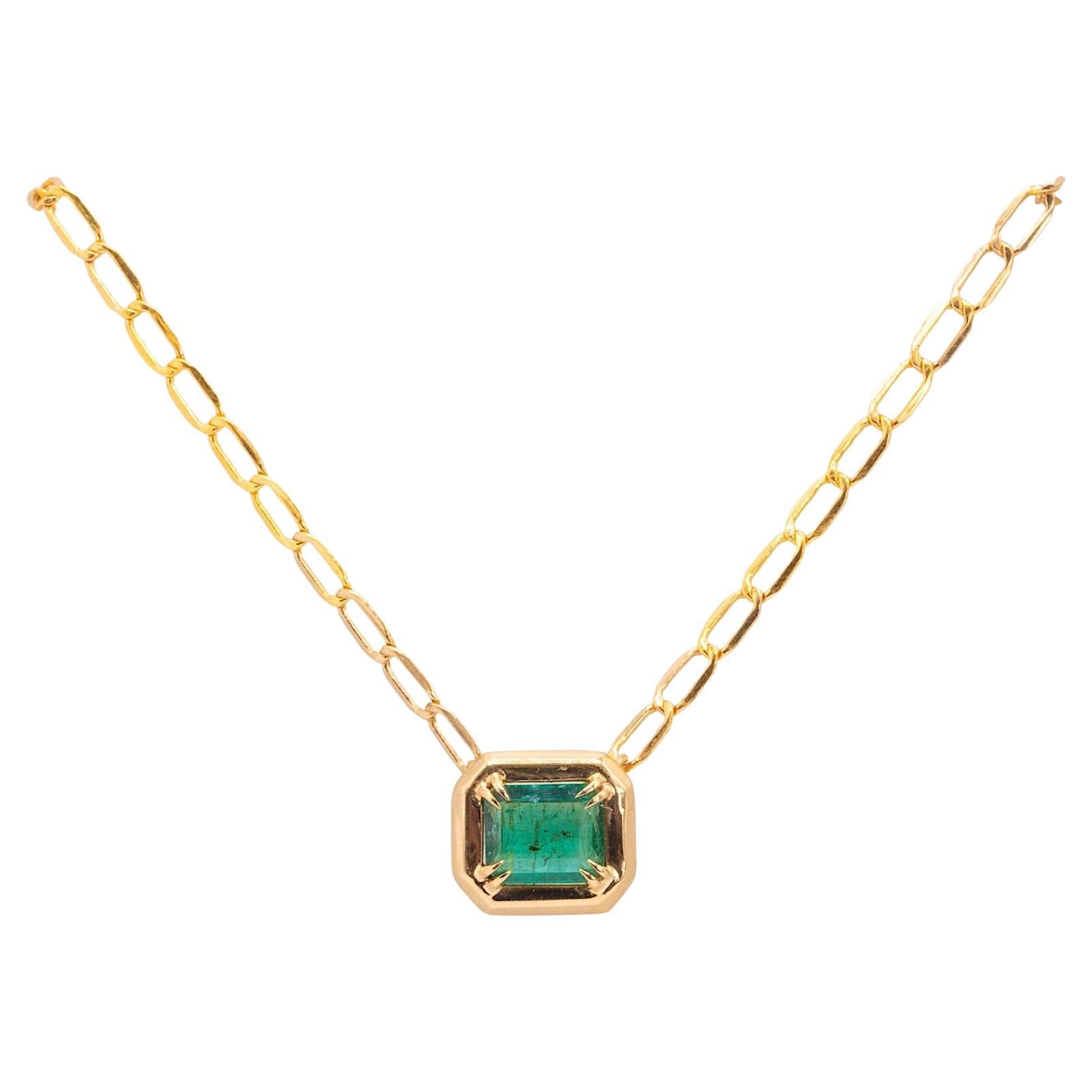 3.7 Carat Zambian Green Emerald Bezel Pendant in 14k Yellow Gold Necklace