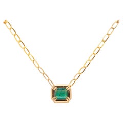3.7 Carat Zambian Green Emerald Bezel Pendant in 14k Yellow Gold Necklace