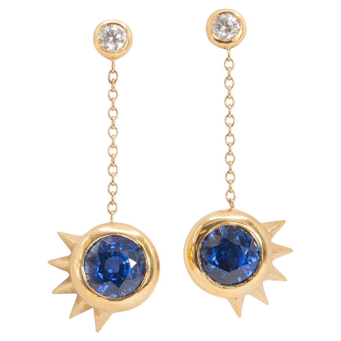 18k Yellow Gold GIA Certified Sri Lanka Sapphire & Diamond Dangling Earrings