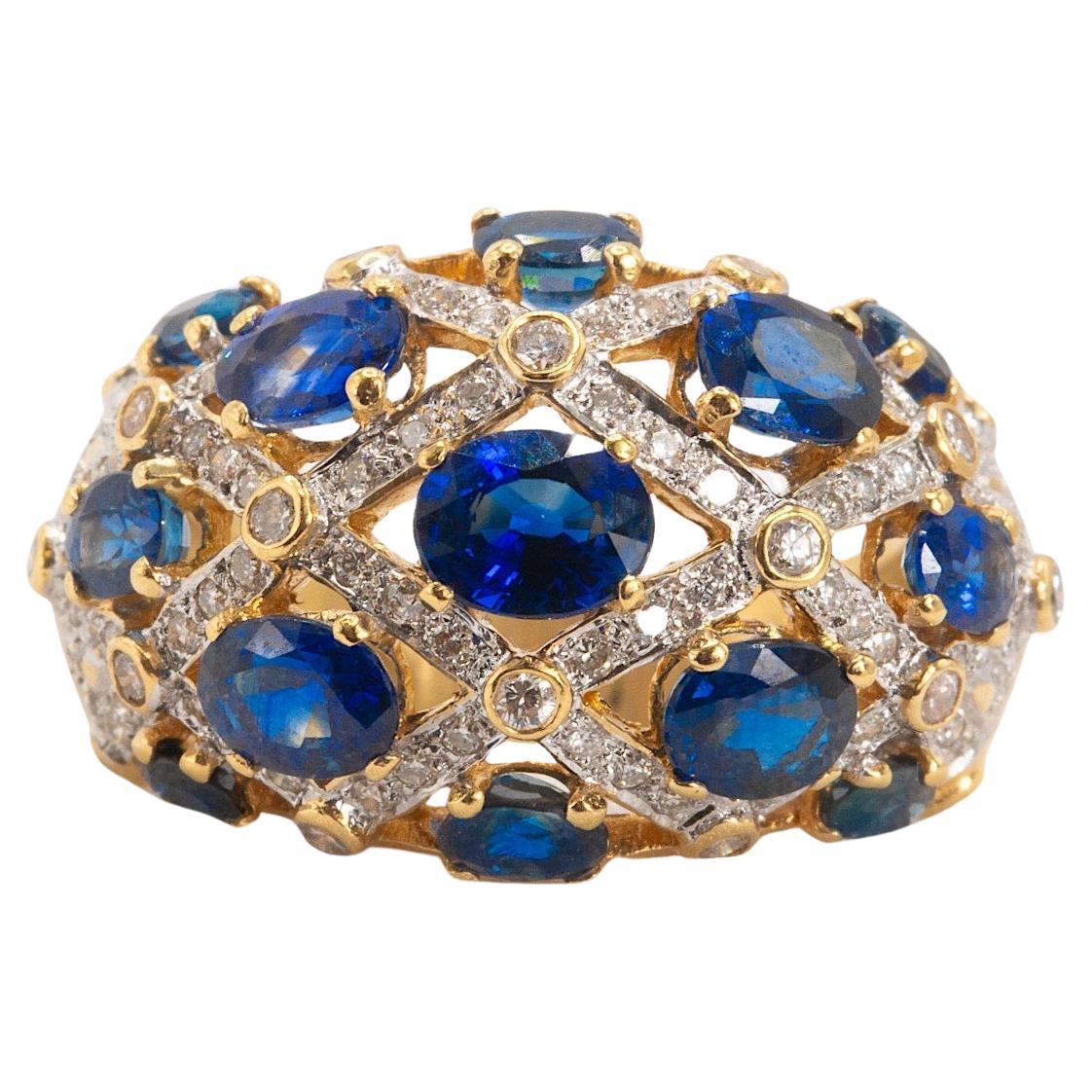 Vintage 18k Gelbgold Saphir & Diamant Dome Ring im Angebot