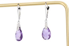 14K White Gold Natural Amethyst Briolette Diamond Drop Earrings