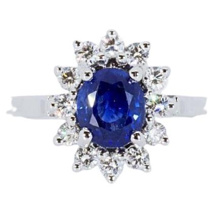 18K White Gold Diana Ring with 1.1 total Ct of Diamonds and Sapphire, NGI Cert