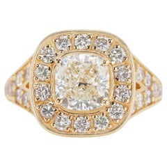 Gorgeous 18k Yellow Gold Halo Ring with 3.25 Ct Natural Diamonds AIG Certificate