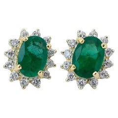 18k Yellow Gold Stud Earrings with 1.24ct Natural Emerald and Diamonds IGI Cert