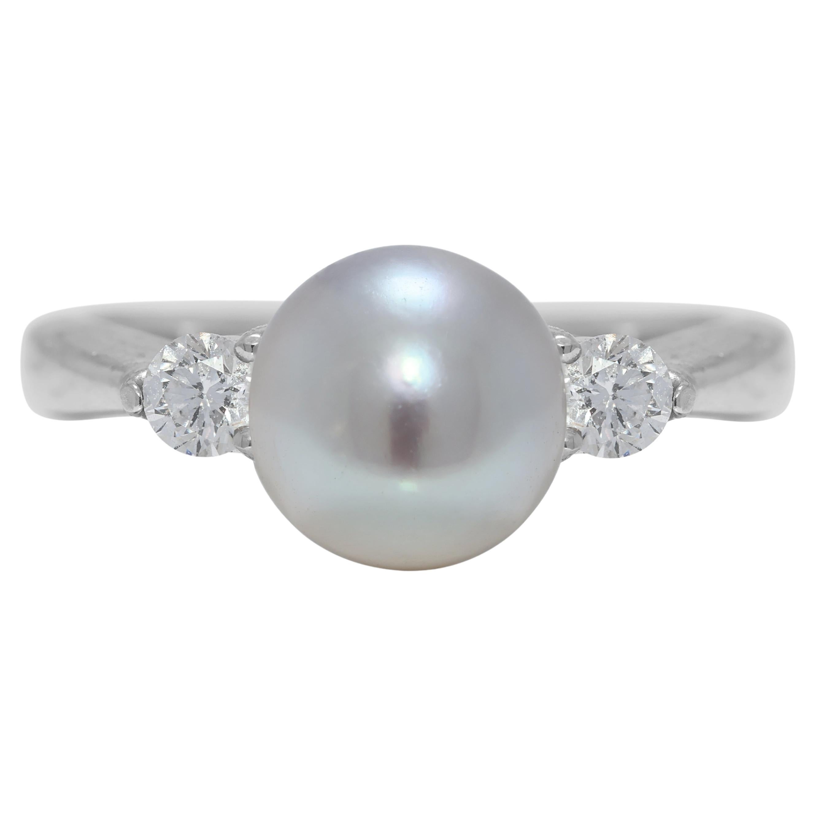 Anello Eleg in oro bianco 18 carati con perle e diamanti laterali