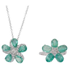 Magnificent Emeralds and Diamonds Necklace and Ring Set in 18k White Gold - IGI 