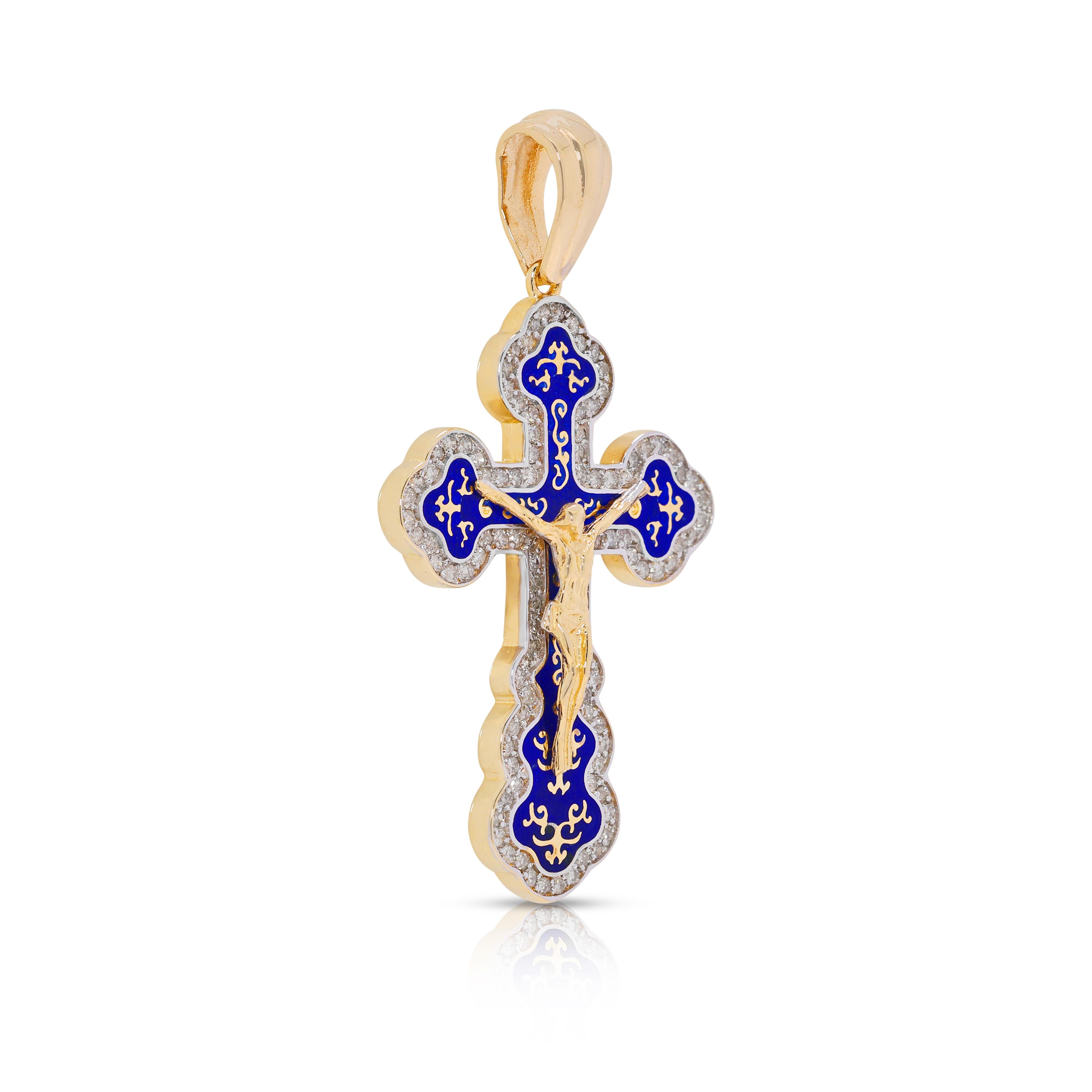 Taille ronde Pendentif croix en or jaune 14K avec diamant naturel de 0,54ct en vente