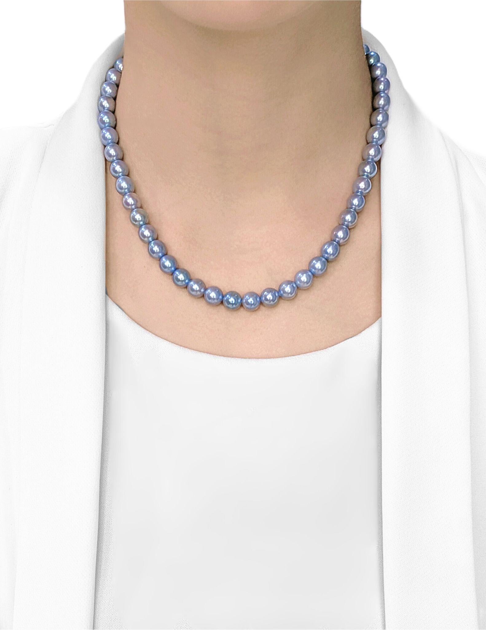 Ornez votre décolleté de la beauté vibrante de ce nouveau collier, composé d'un magnifique rang de 49 perles naturelles d'Akoya. Chaque perle parfaitement ronde, d'un diamètre de 8 à 8,5 mm, présente une teinte bleue rare et captivante qui brille