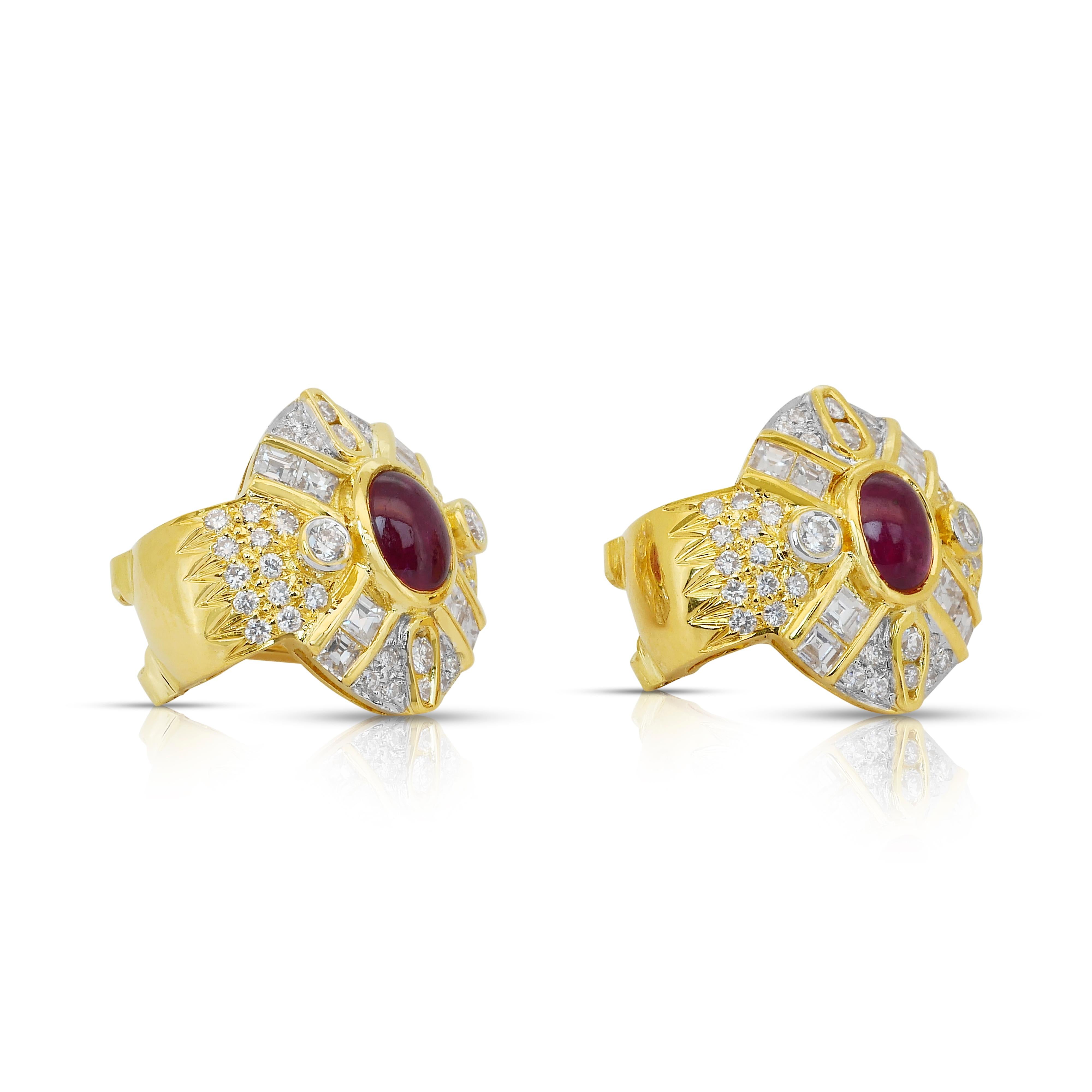 Taille ovale Boucles d'oreilles en or jaune 18k avec rubis et diamants de 3,79ct - certifié IGI en vente